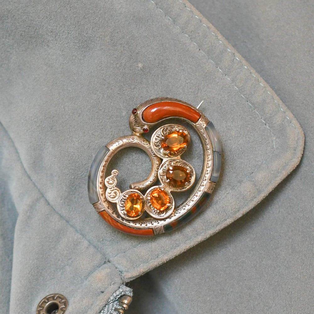 Victorian Scottish Agate & Citrine Snake Brooch