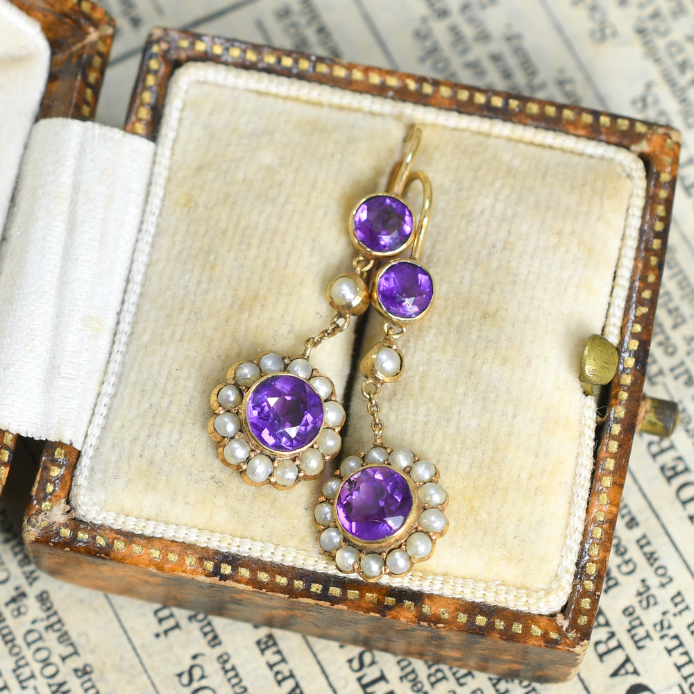Edwardian Amethyst & Pearl Cluster Drop Earrings