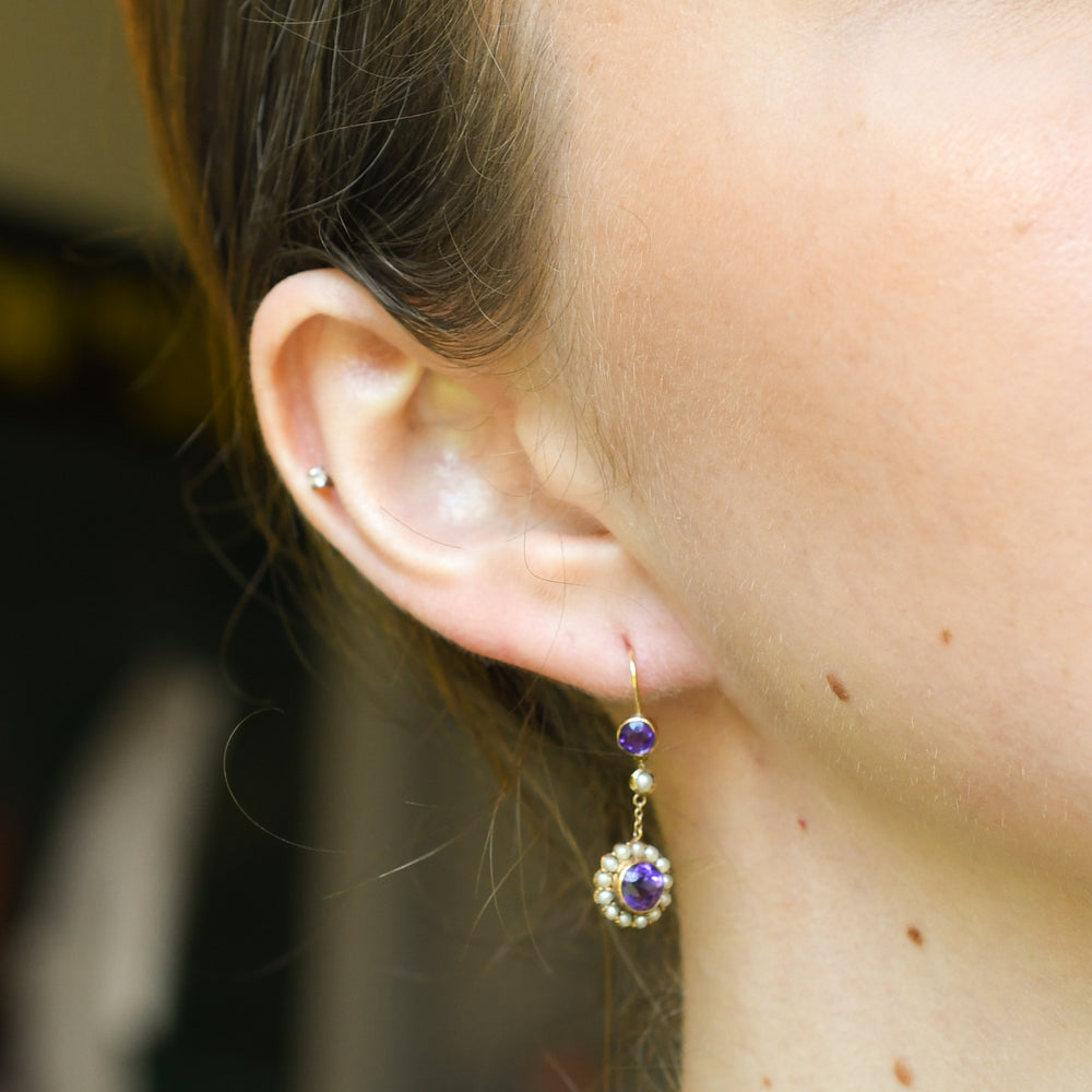 Edwardian Amethyst & Pearl Cluster Drop Earrings