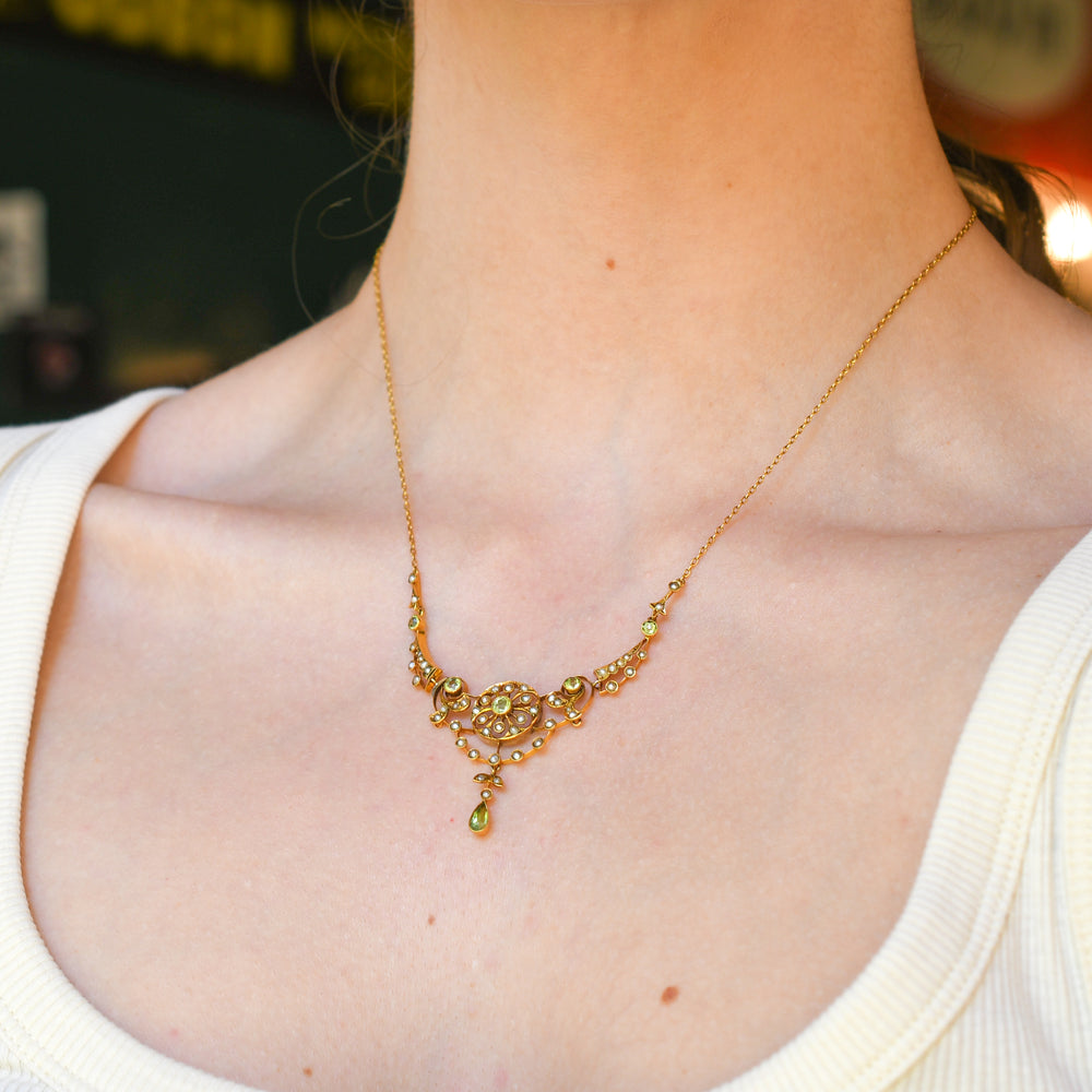 Edwardian Peridot & Pearl Floral Necklace