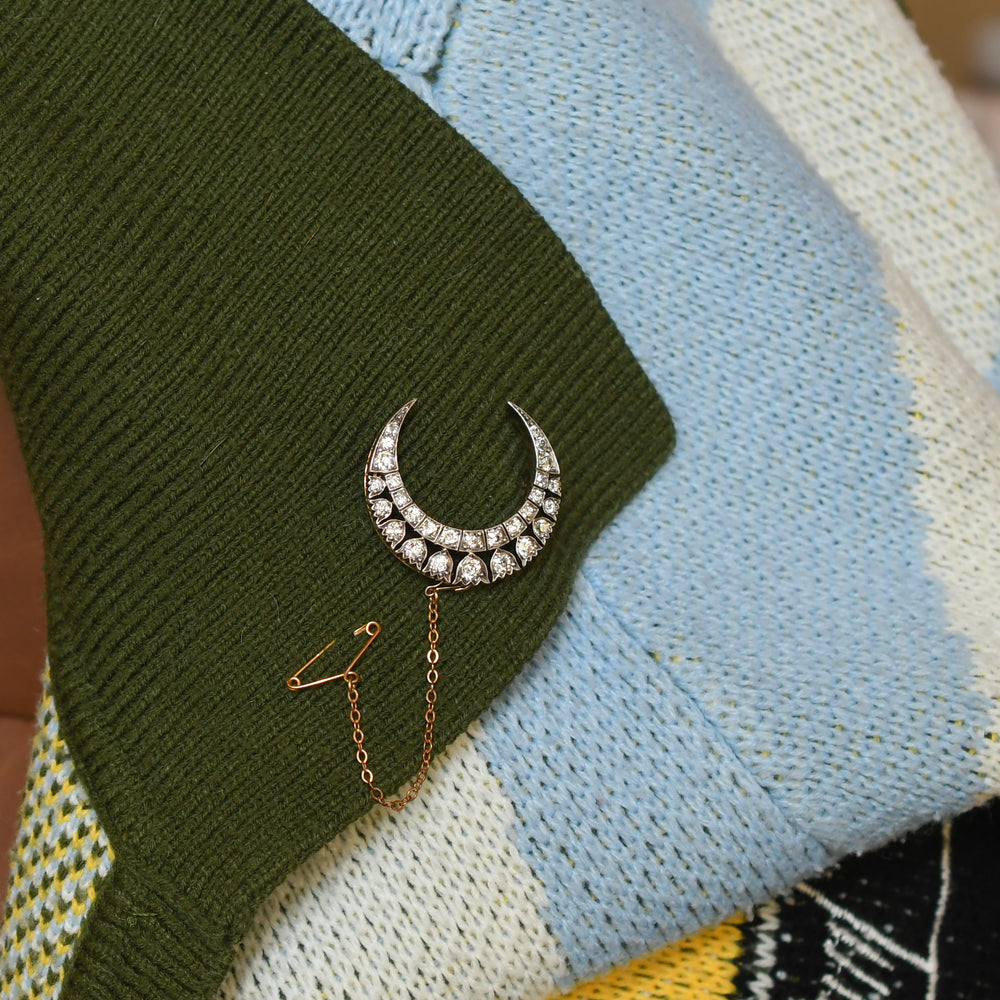 Edwardian Boxed Diamond Open Work Crescent Brooch