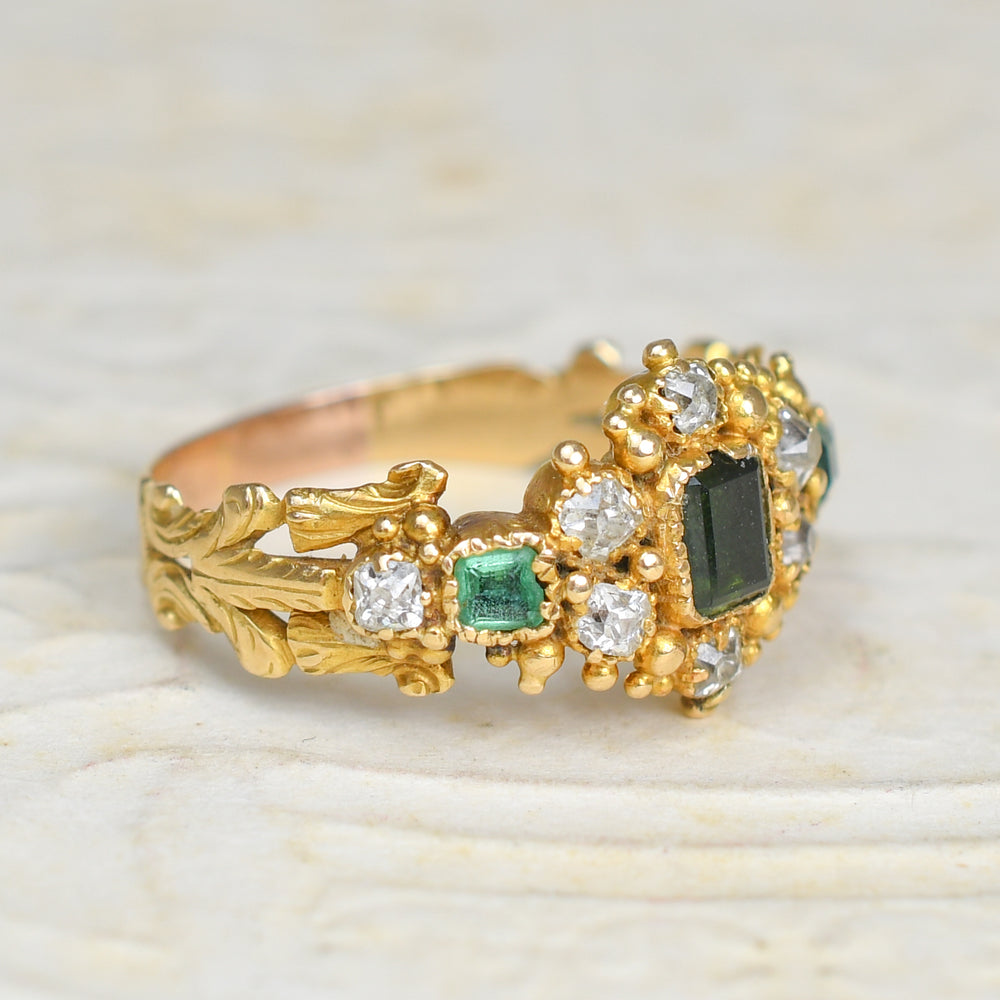 Georgian Regency Tourmaline, Emerald & Diamond Cluster Ring