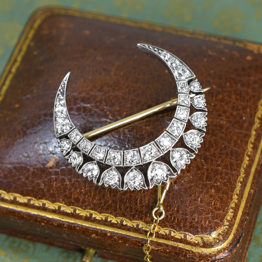 Edwardian Boxed Diamond Open Work Crescent Brooch