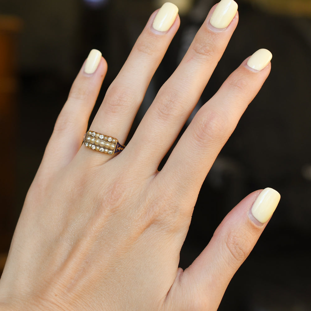 Georgian Pearl, Diamond & Enamel Triple Row Ring