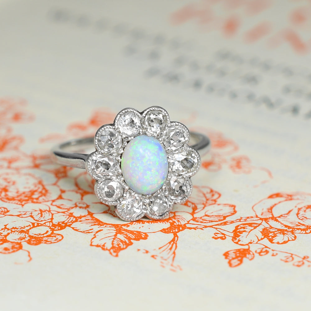 Art Deco Opal & Diamond Flower Cluster Ring