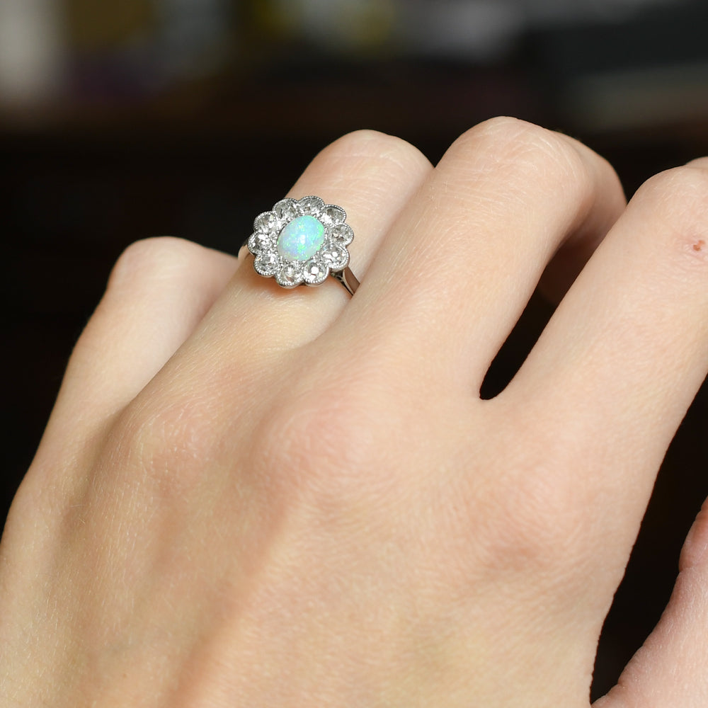 Art Deco Opal & Diamond Flower Cluster Ring