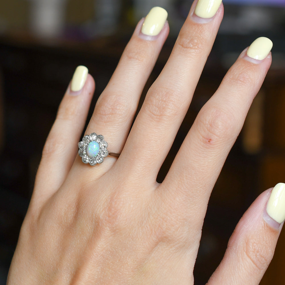 Art Deco Opal & Diamond Flower Cluster Ring