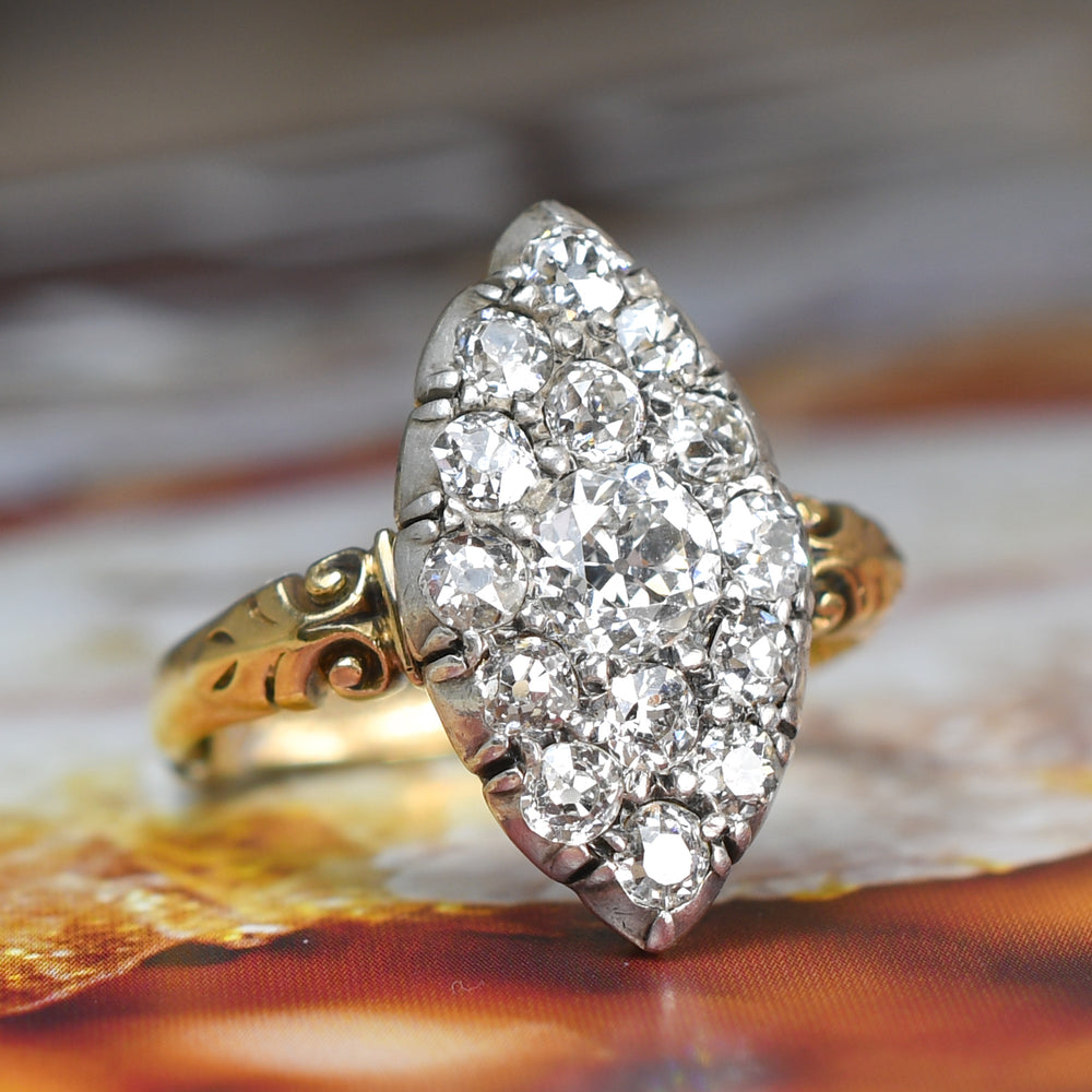 Georgian Diamond Cobblestone Navette Cluster Ring