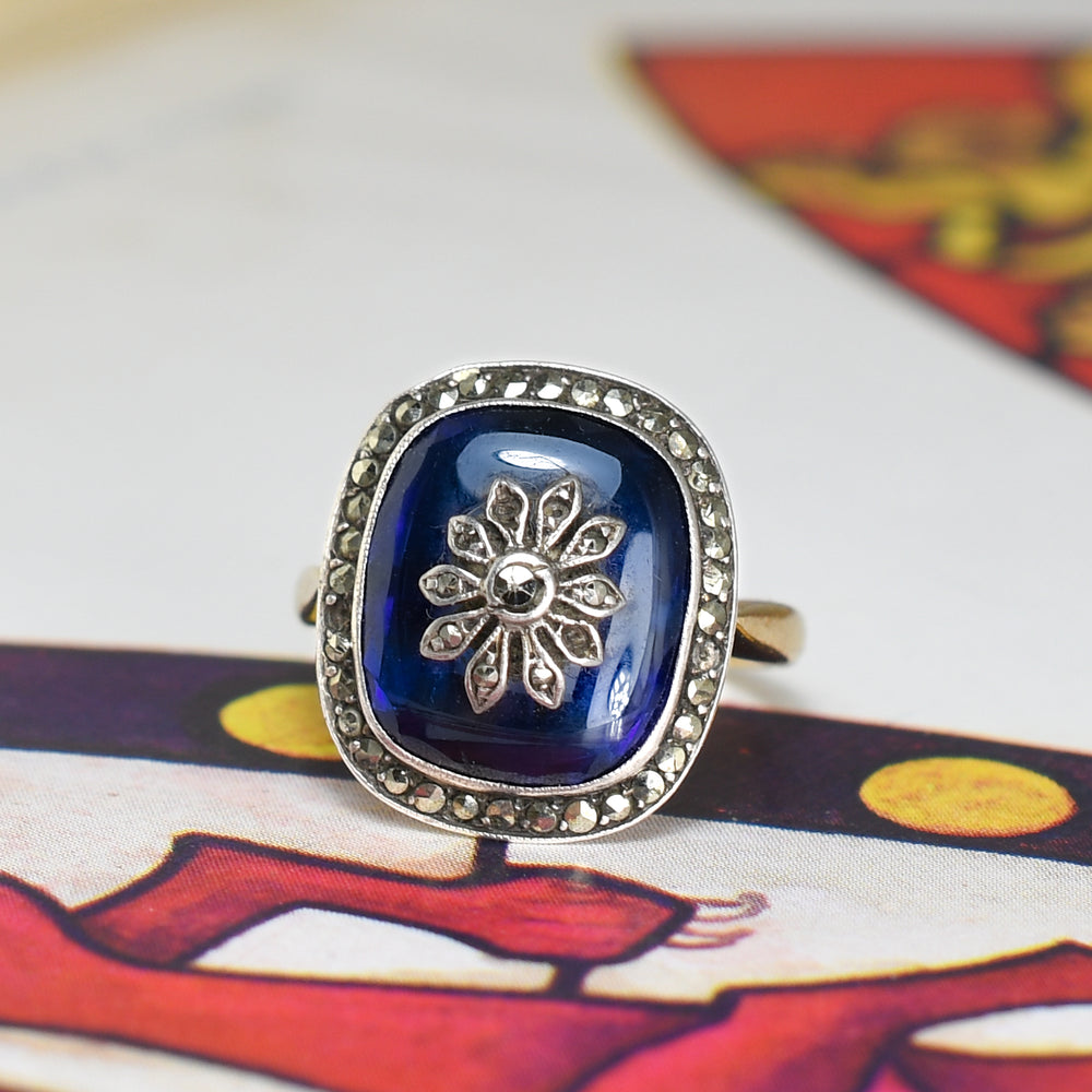 Victorian Marcasite & Blue Glass Flower Cluster Ring