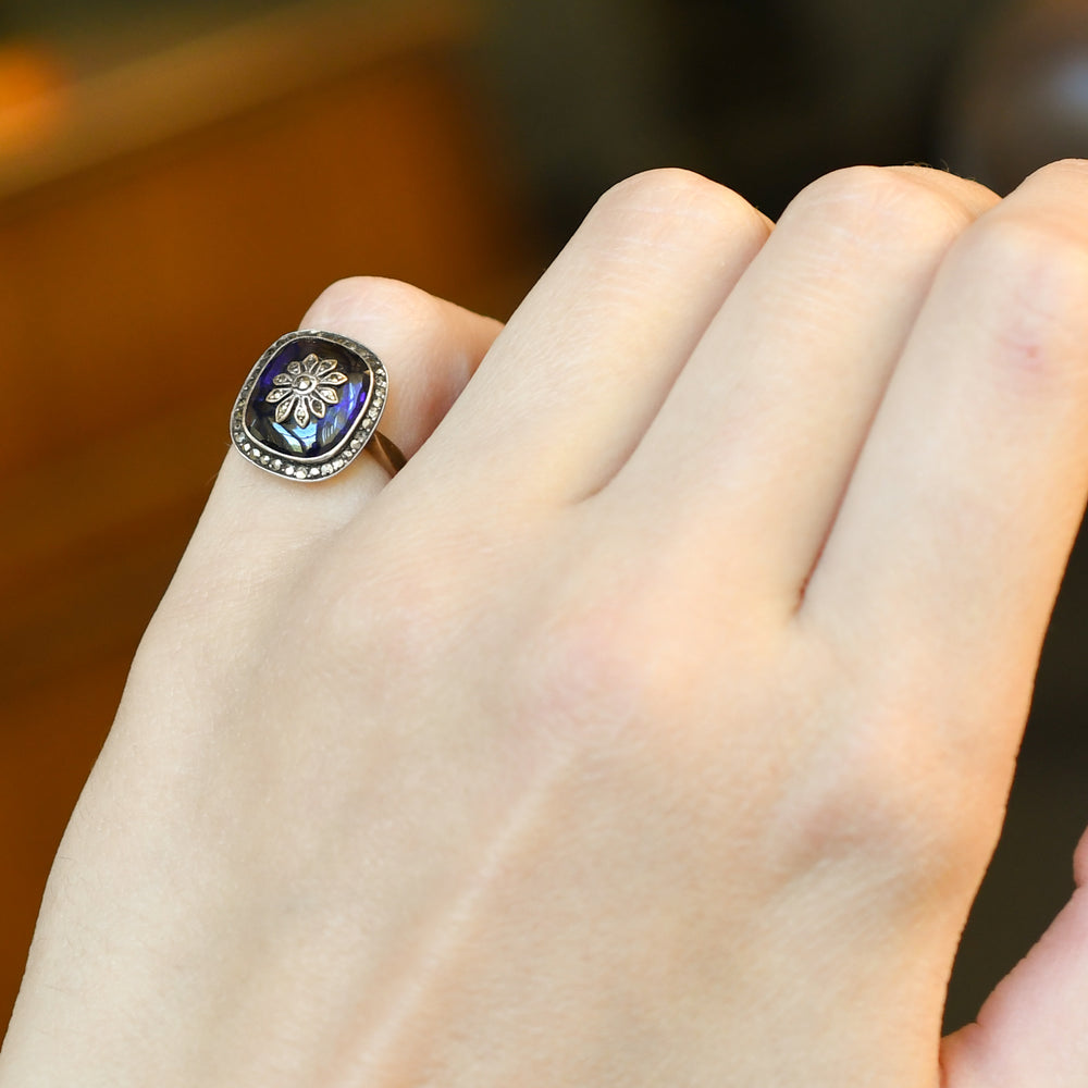 Victorian Marcasite & Blue Glass Flower Cluster Ring