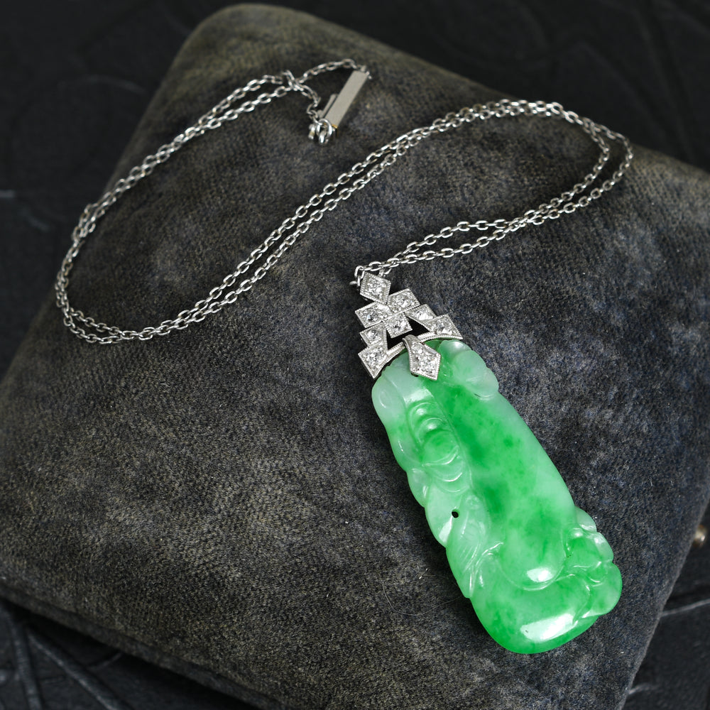 Art Deco Diamond & Jade Panel Platinum Necklace