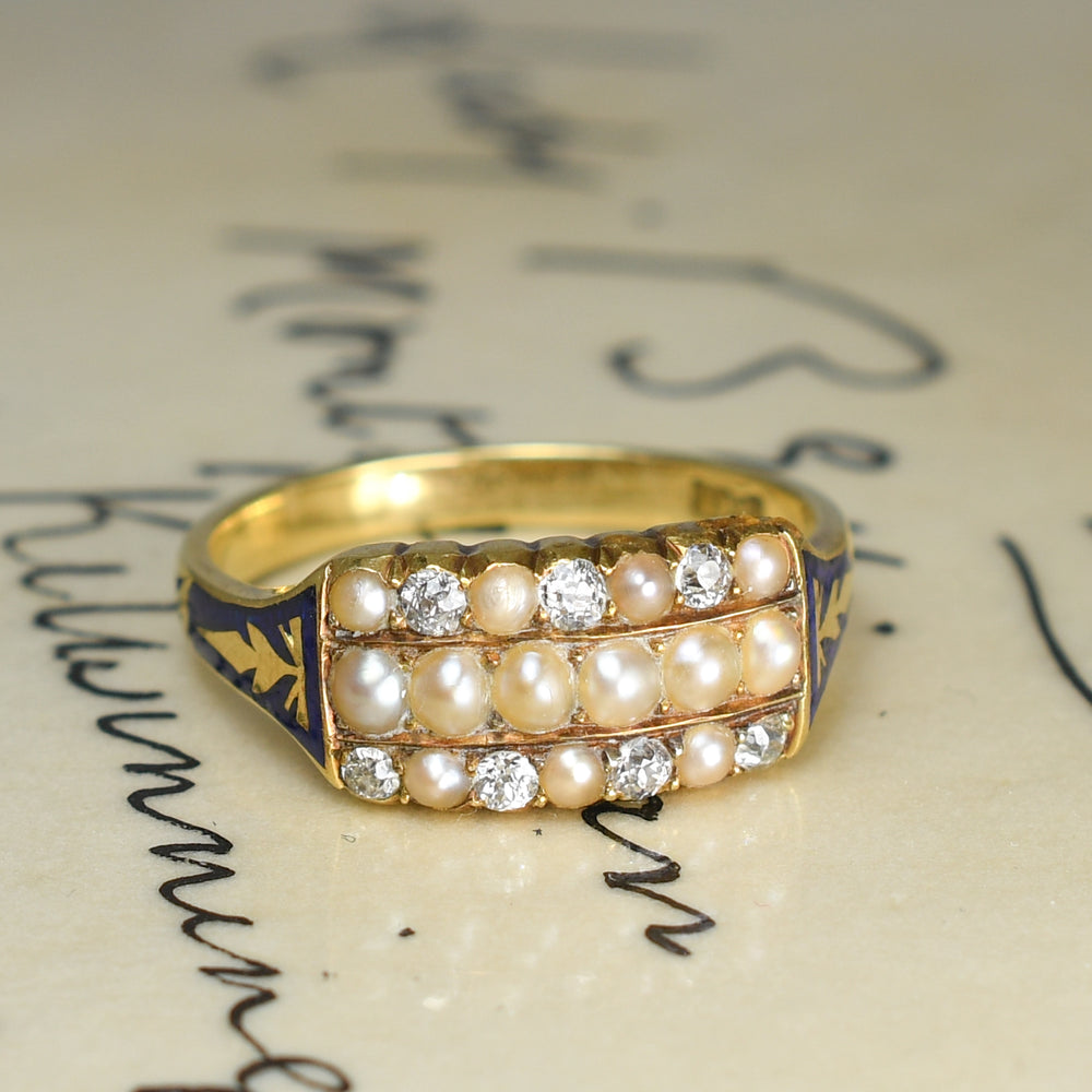 Georgian Pearl, Diamond & Enamel Triple Row Ring