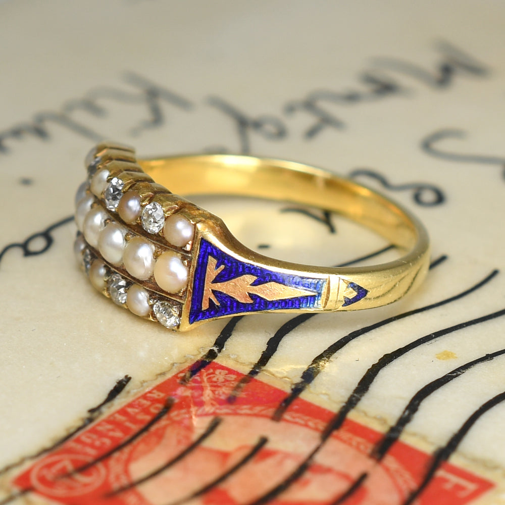 Georgian Pearl, Diamond & Enamel Triple Row Ring