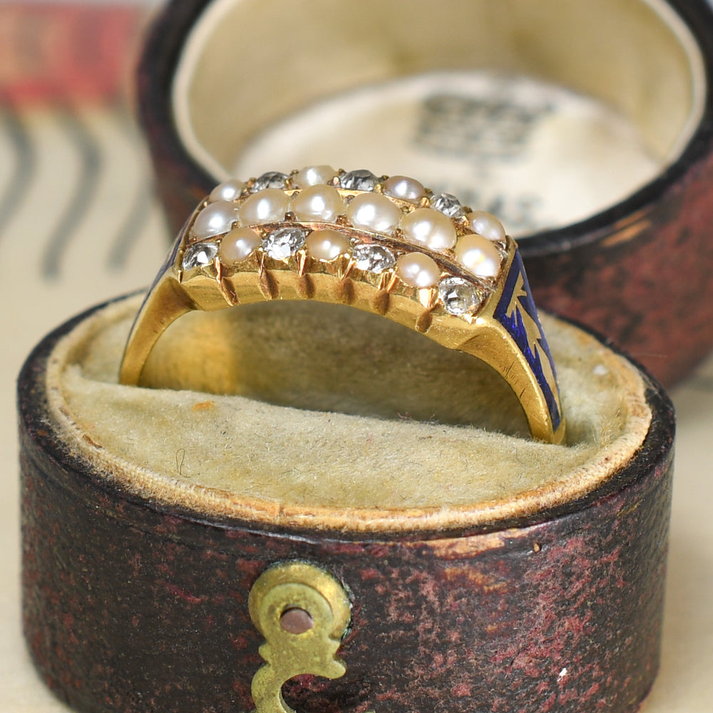 Georgian Pearl, Diamond & Enamel Triple Row Ring