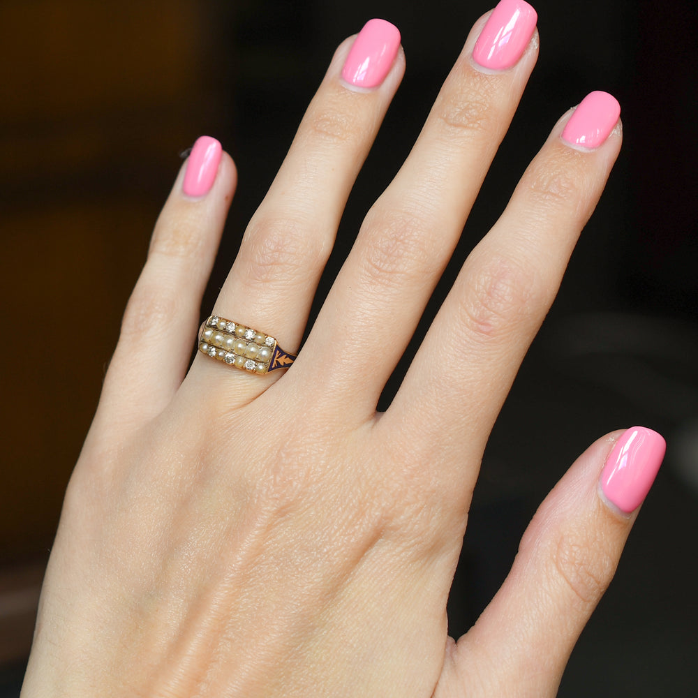 Georgian Pearl, Diamond & Enamel Triple Row Ring