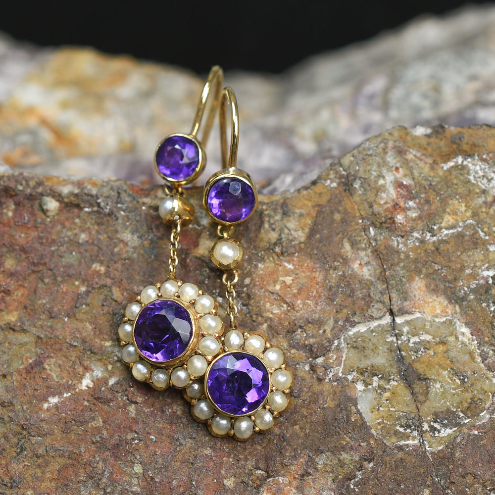 Edwardian Amethyst & Pearl Cluster Drop Earrings