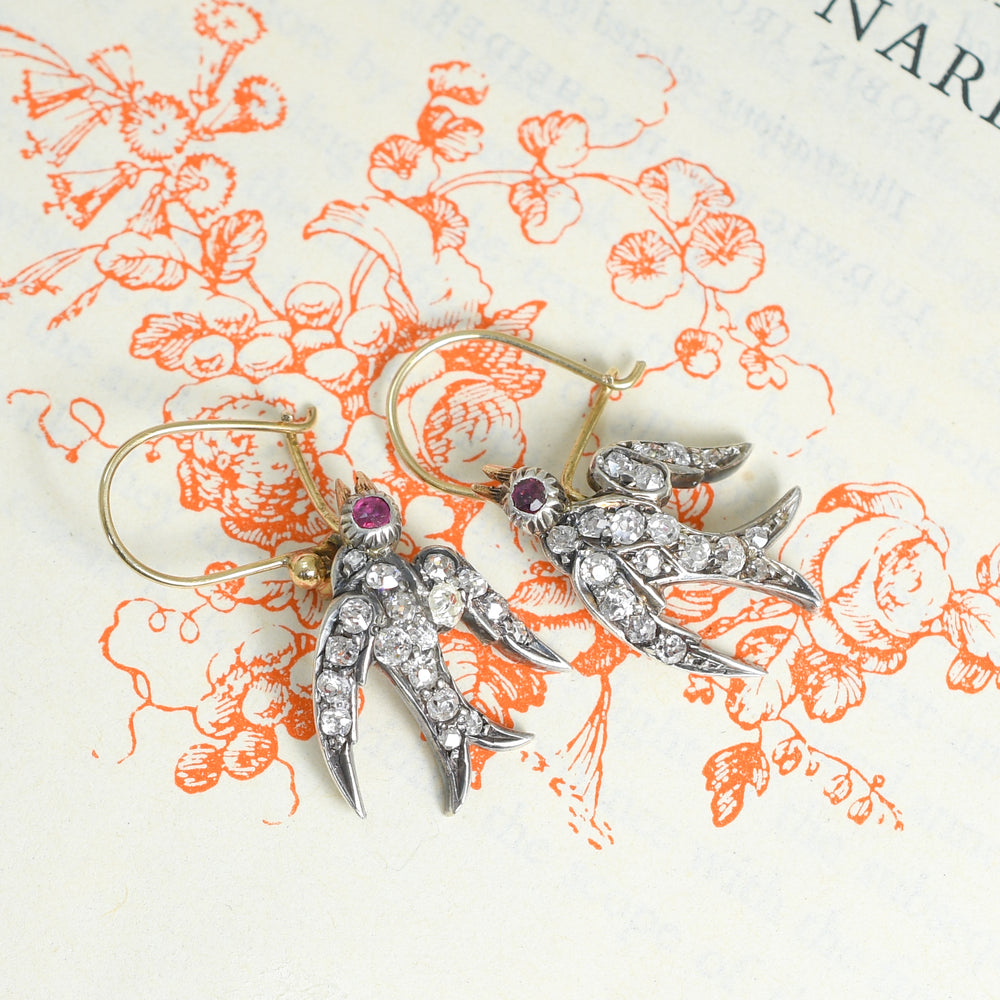 Victorian Diamond, Ruby & Pearl Swallow Earrings