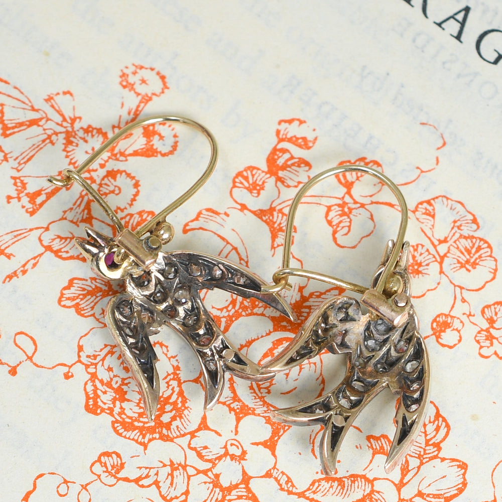 Victorian Diamond, Ruby & Pearl Swallow Earrings