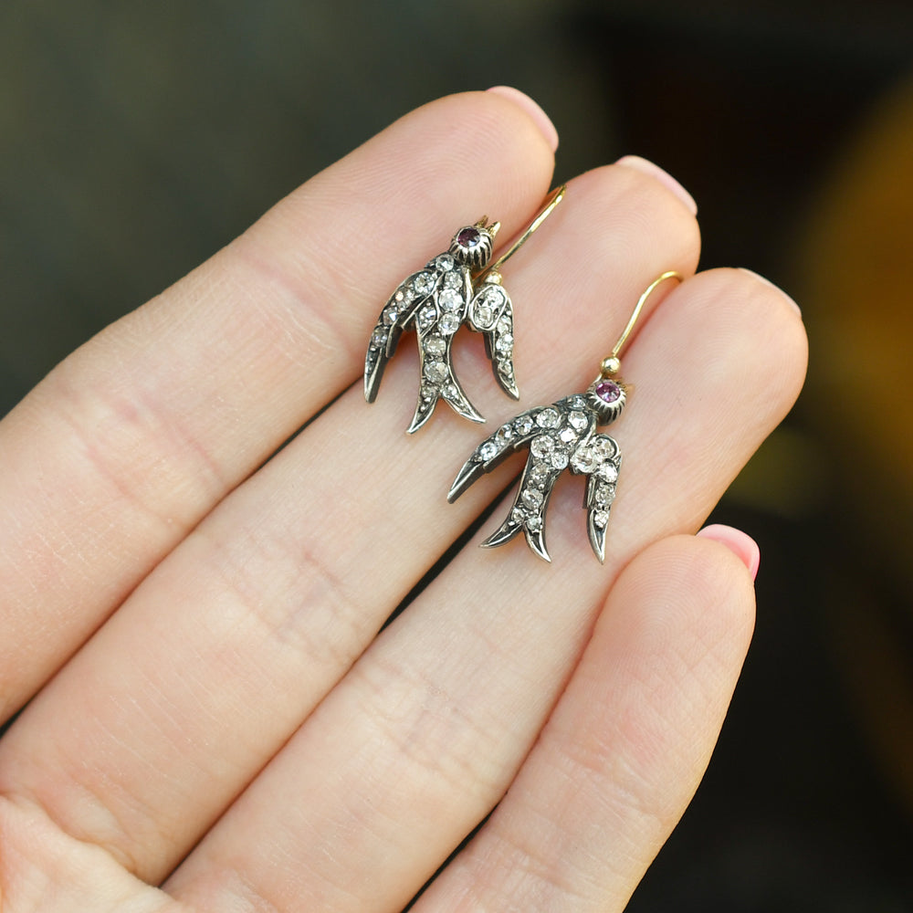 Victorian Diamond, Ruby & Pearl Swallow Earrings