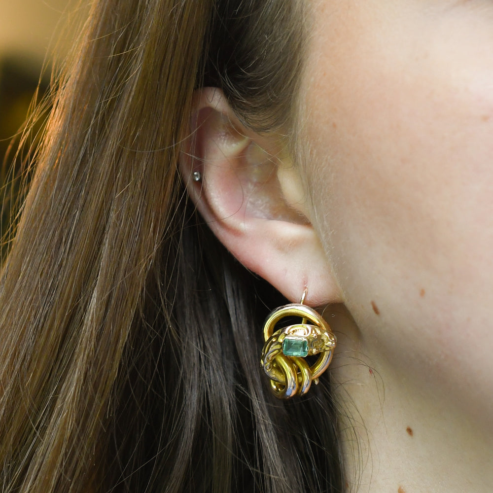 Antique French Emerald Coiled Snake Earrings