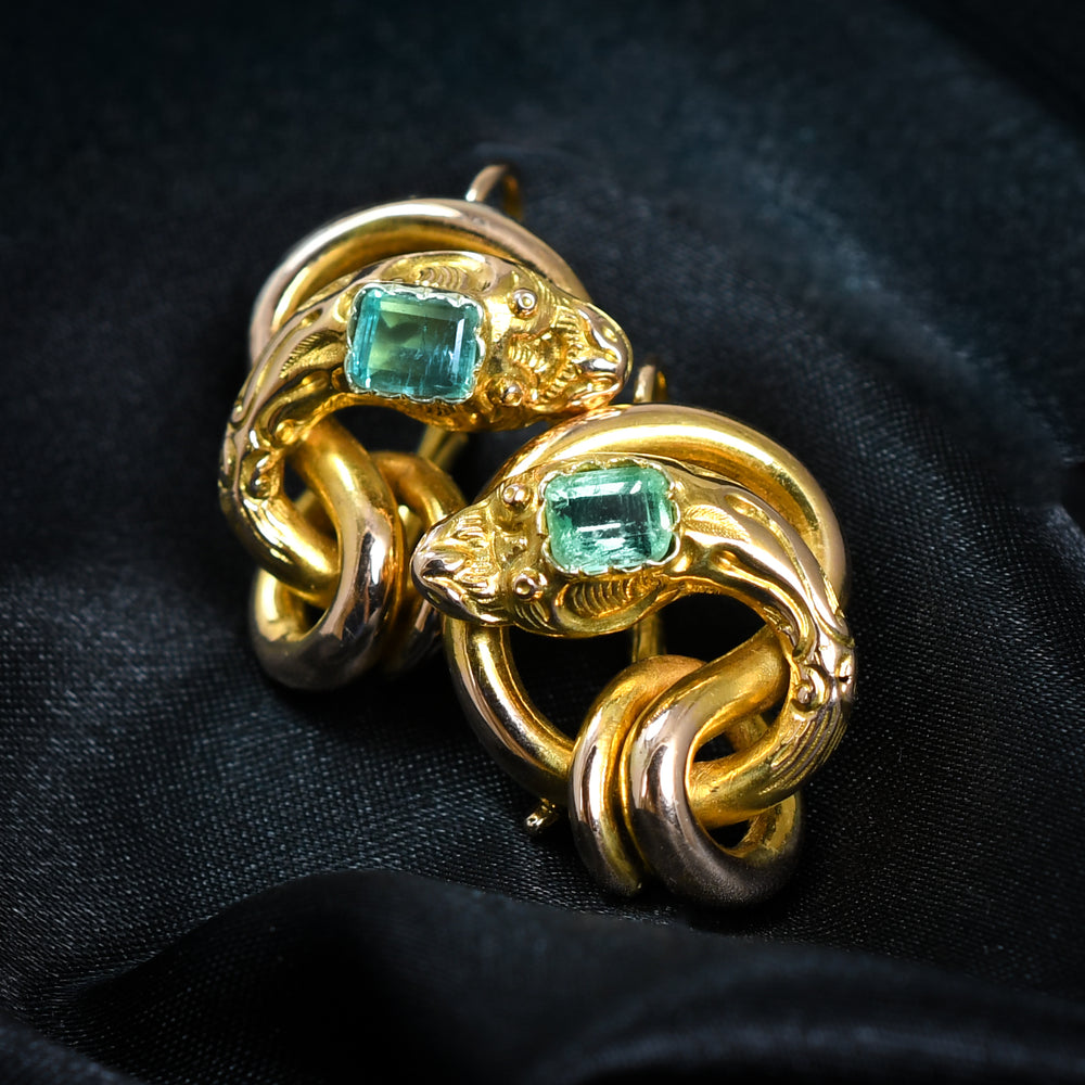 Antique French Emerald Coiled Snake Earrings