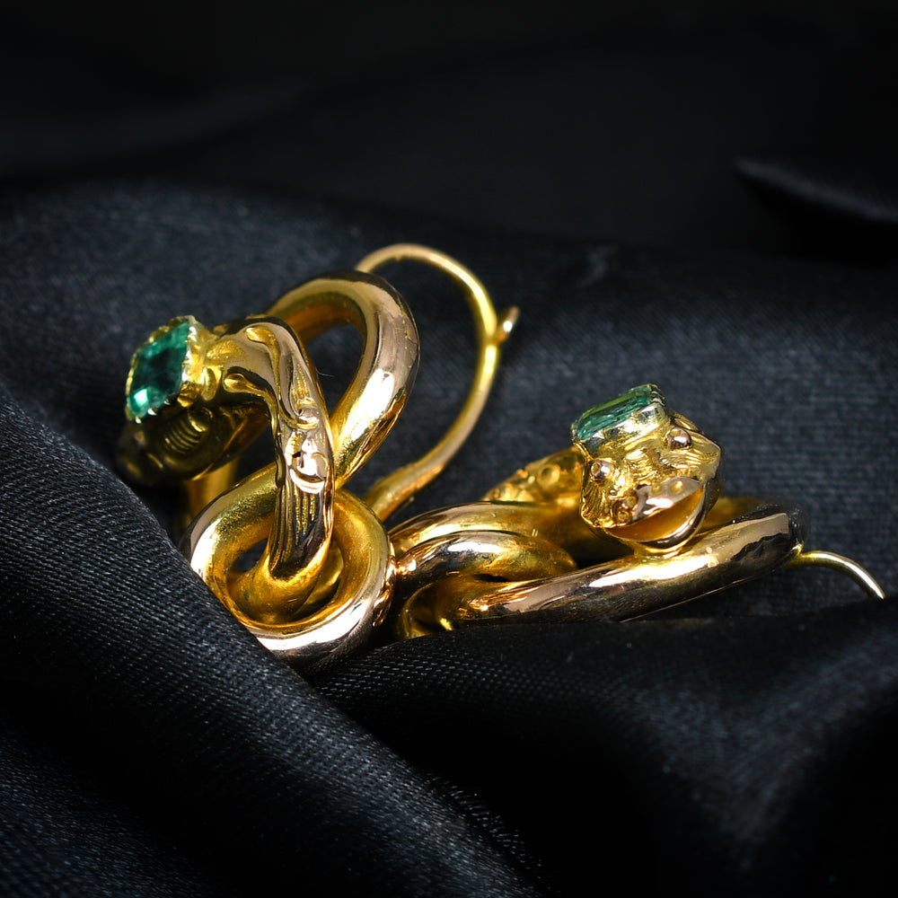 Antique French Emerald Coiled Snake Earrings