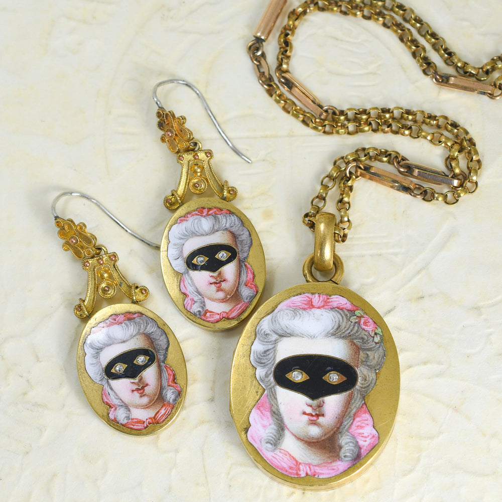 19th Century Enamel & Paste Masquerade Locket & Earrings Suite