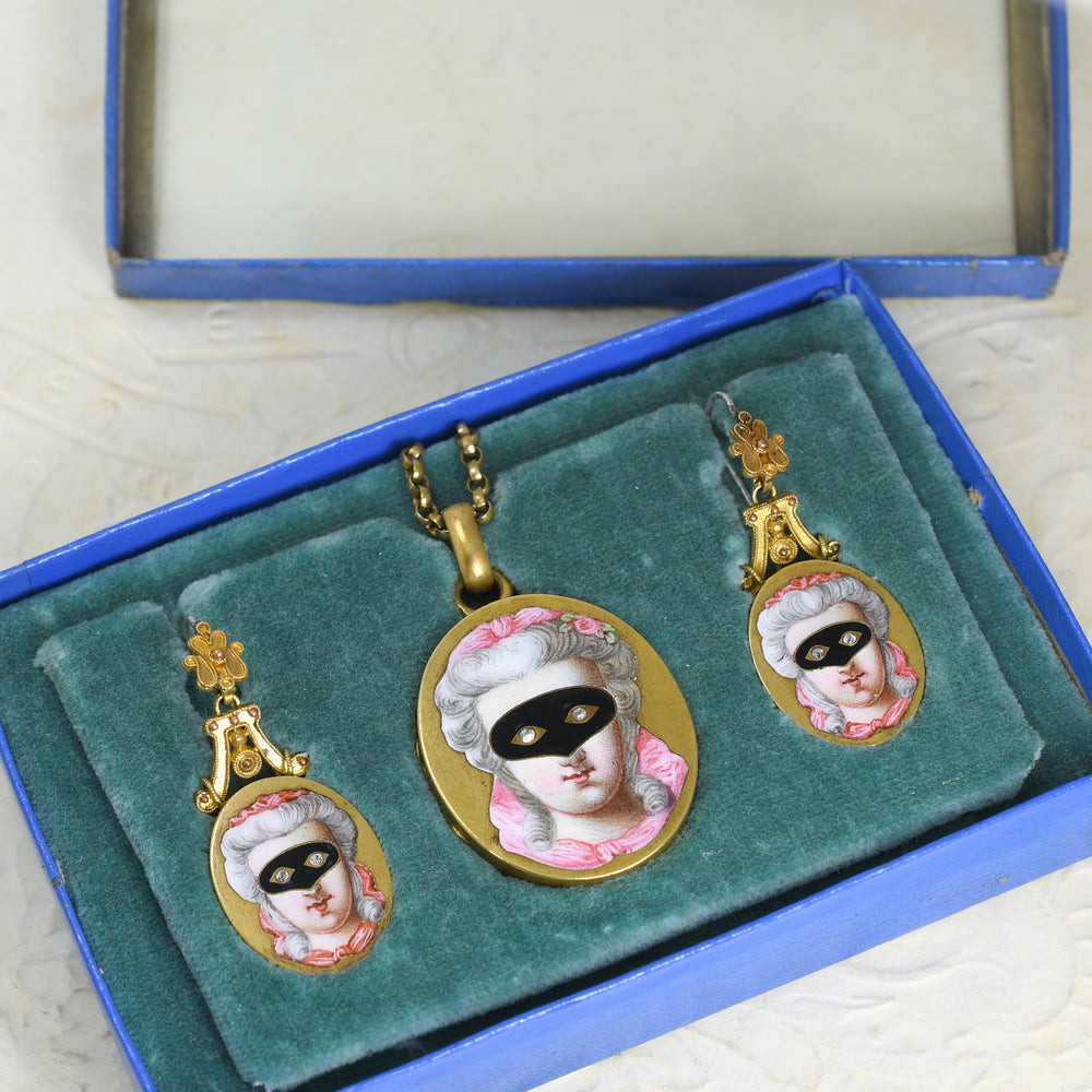 19th Century Enamel & Paste Masquerade Locket & Earrings Suite