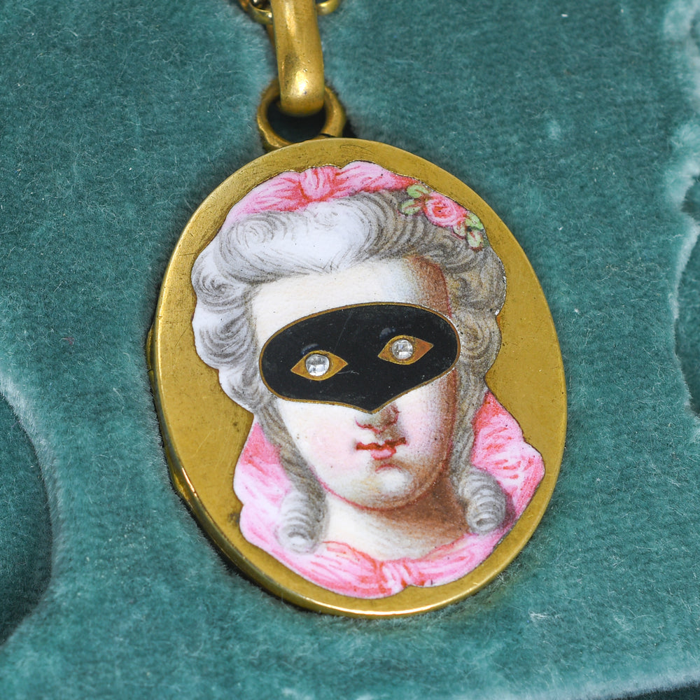 19th Century Enamel & Paste Masquerade Locket & Earrings Suite
