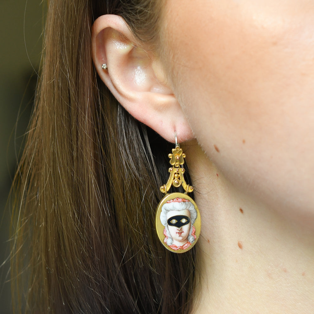 19th Century Enamel & Paste Masquerade Locket & Earrings Suite