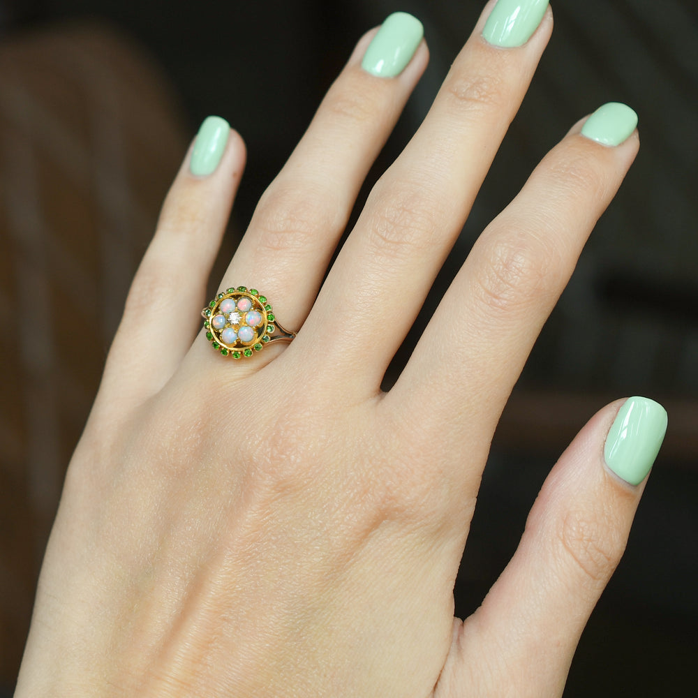 Victorian Opal, Diamond & Demantoid Garnet Cluster Ring