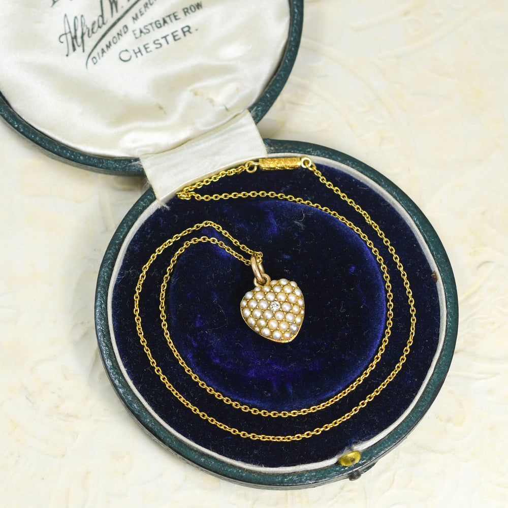 Late Victorian Boxed Pearl & Diamond Heart Locket Necklace