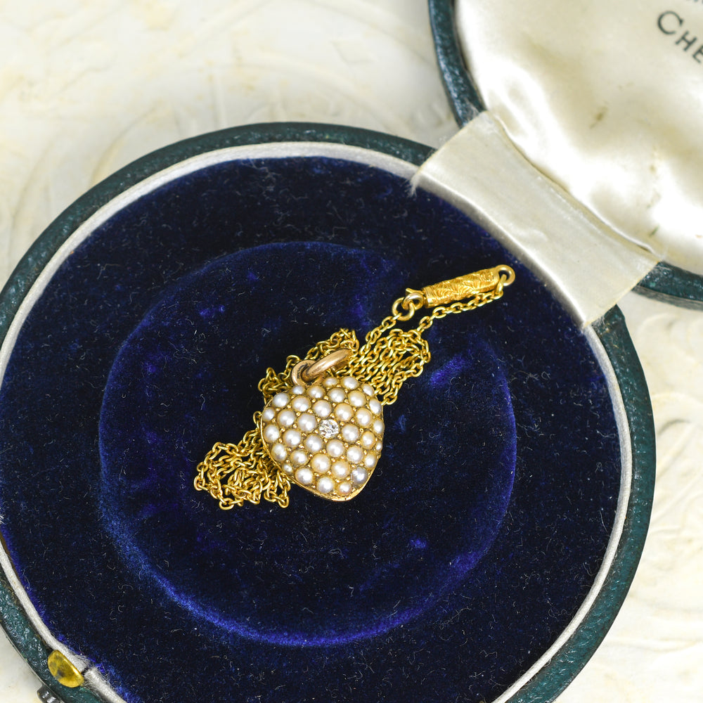 Late Victorian Boxed Pearl & Diamond Heart Locket Necklace