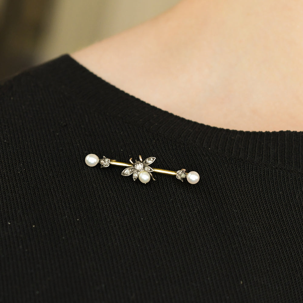 Victorian Pearl & Rose Cut Diamond Insect Bar Brooch