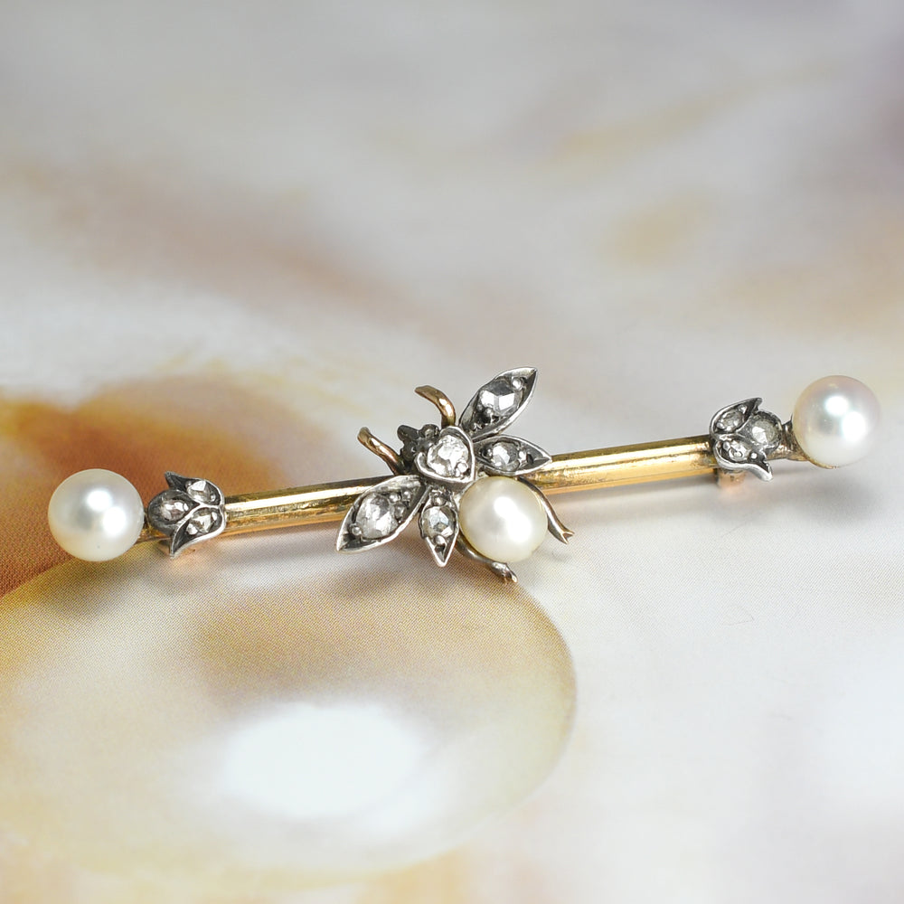 Victorian Pearl & Rose Cut Diamond Insect Bar Brooch