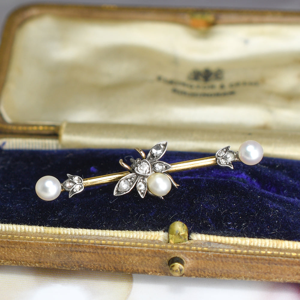 Victorian Pearl & Rose Cut Diamond Insect Bar Brooch