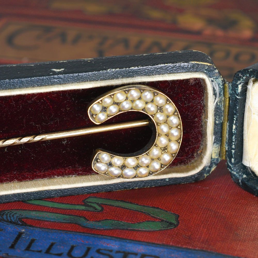 Victorian Boxed Pearl Lucky Horseshoe Stick Pin