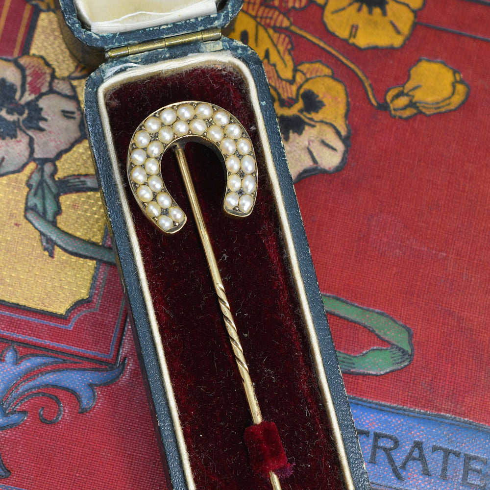 Victorian Boxed Pearl Lucky Horseshoe Stick Pin