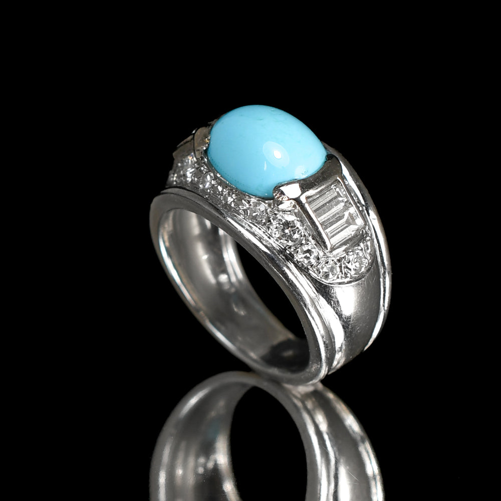 French Art Deco Turquoise & Diamond Bombé Ring