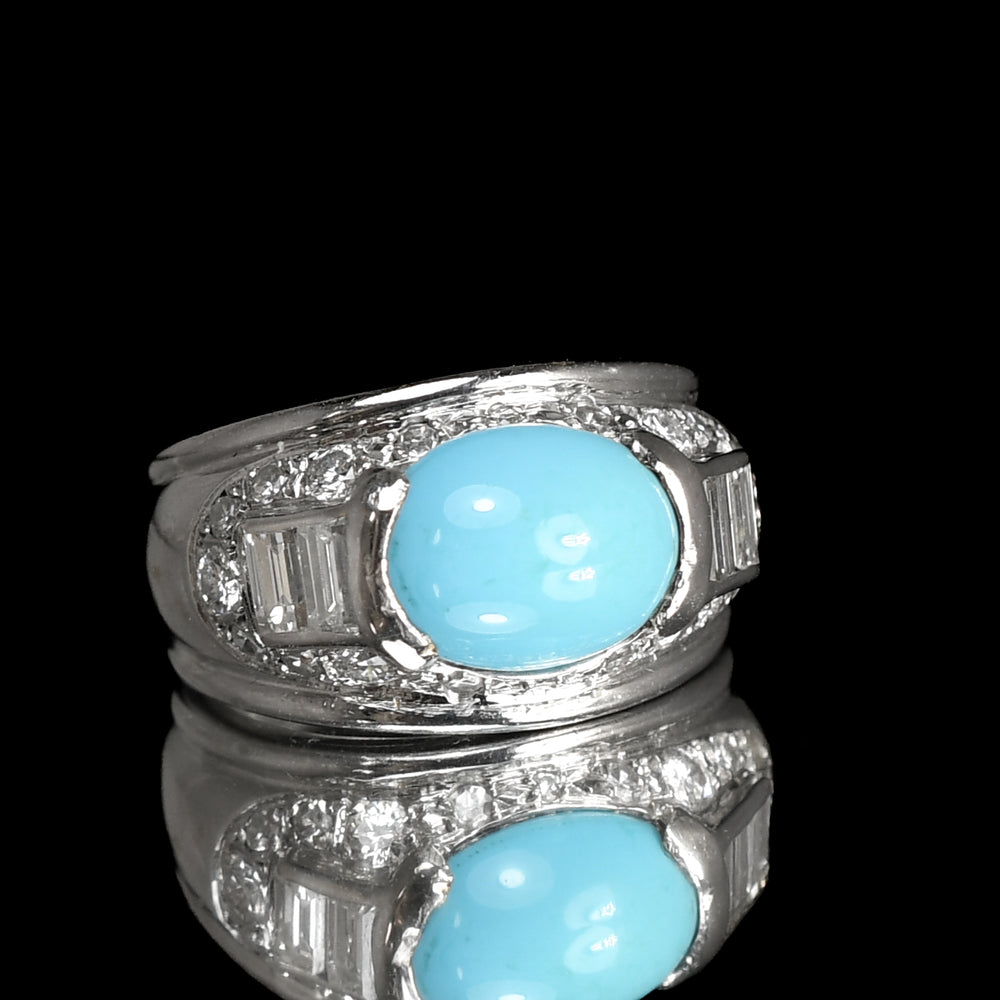 French Art Deco Turquoise & Diamond Bombé Ring