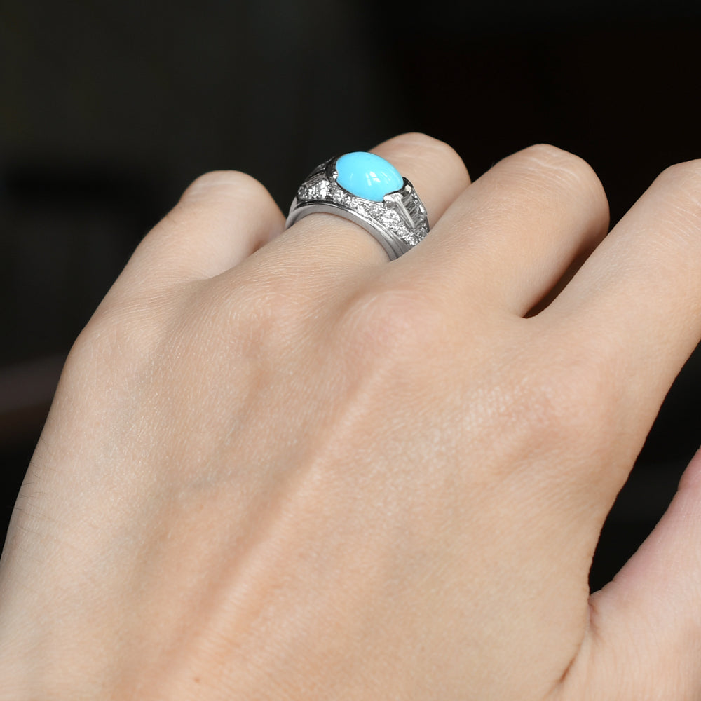 French Art Deco Turquoise & Diamond Bombé Ring