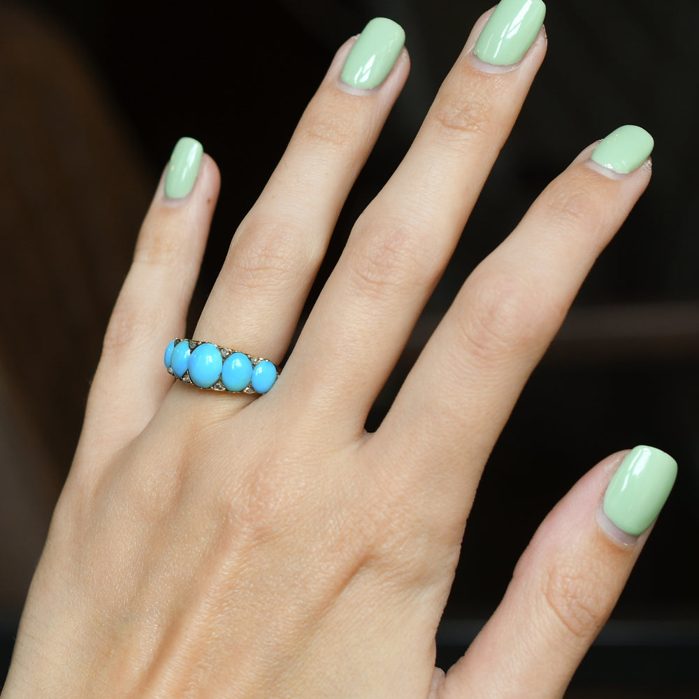 Victorian Turquoise & Diamond 5-Stone Half Hoop Ring
