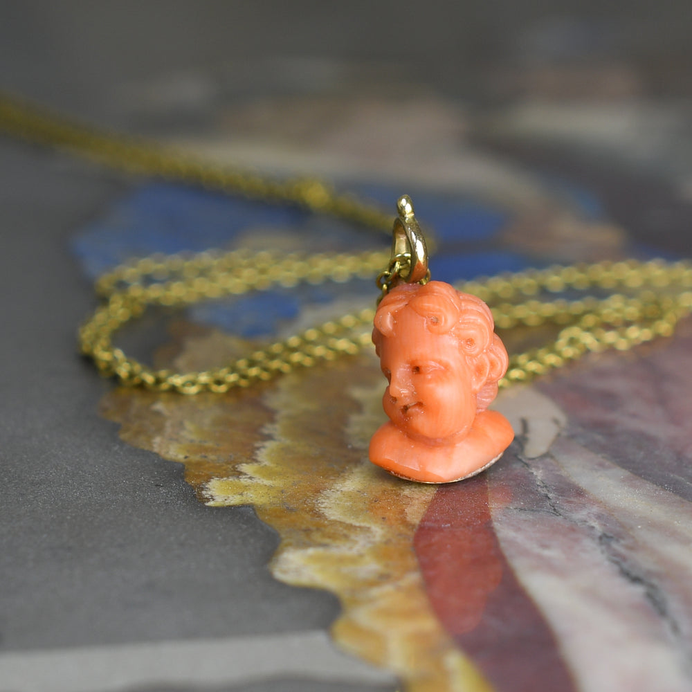 Antique Coral Cherub Charm & Chain