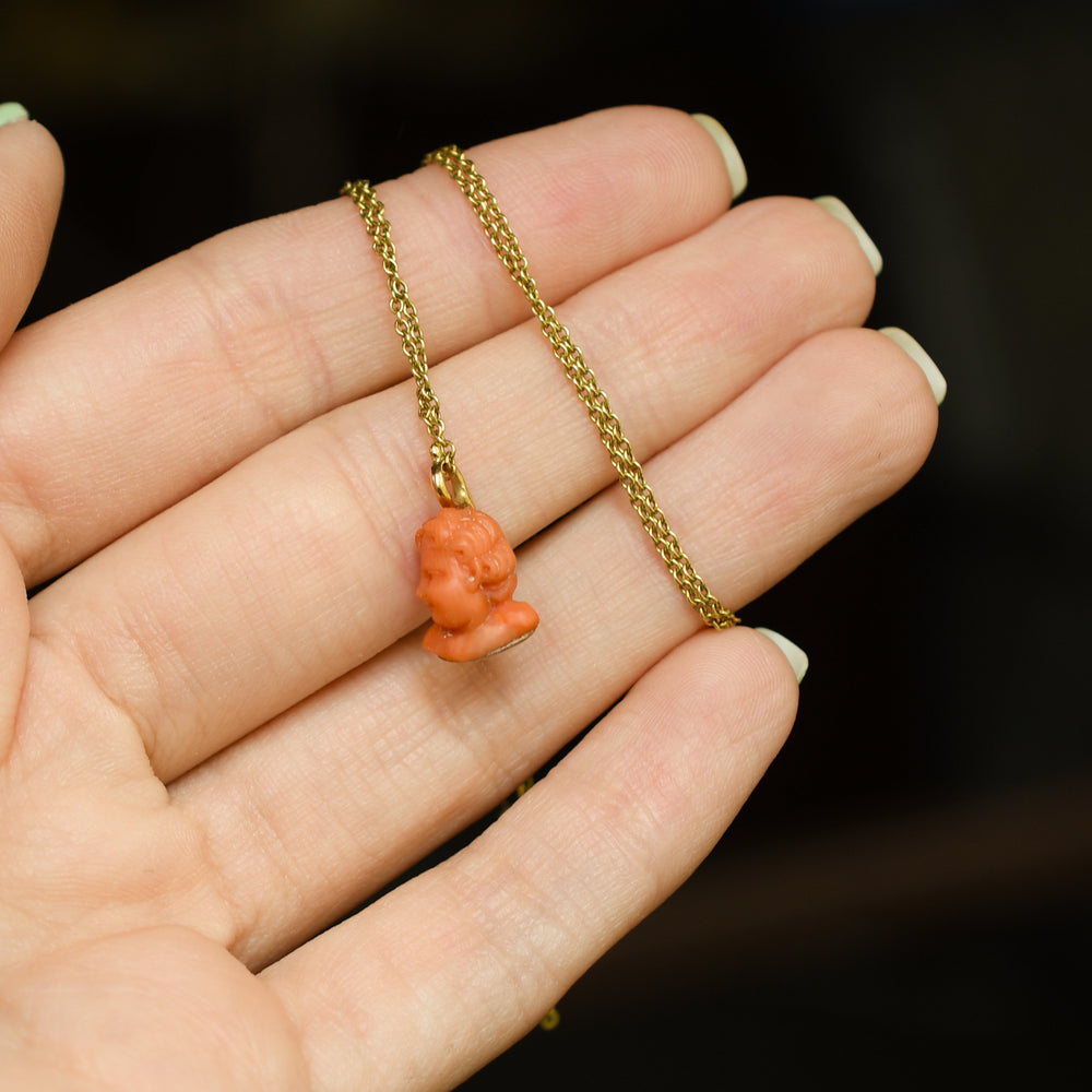 Antique Coral Cherub Charm & Chain