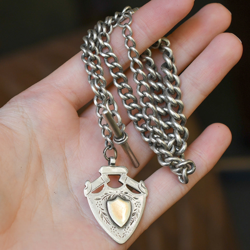 Victorian Silver Albert Chain with Fob & T-Bar