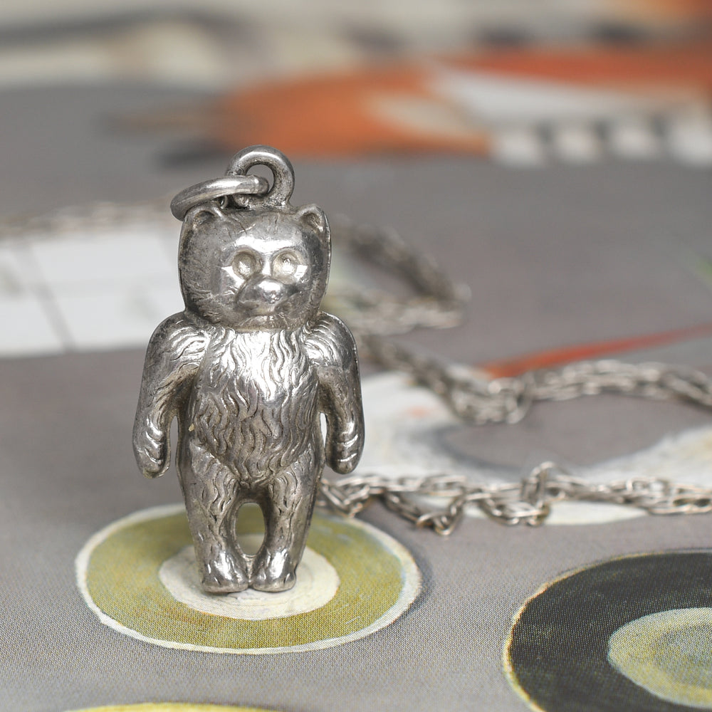 Late Victorian Silver Teddy Bar Pendant & Chain