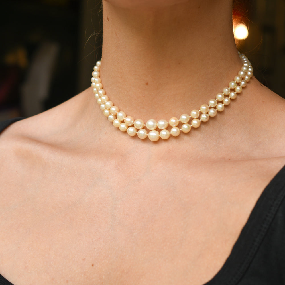Antique Cultured Pearl Necklace with Diamond Cluster Clasp