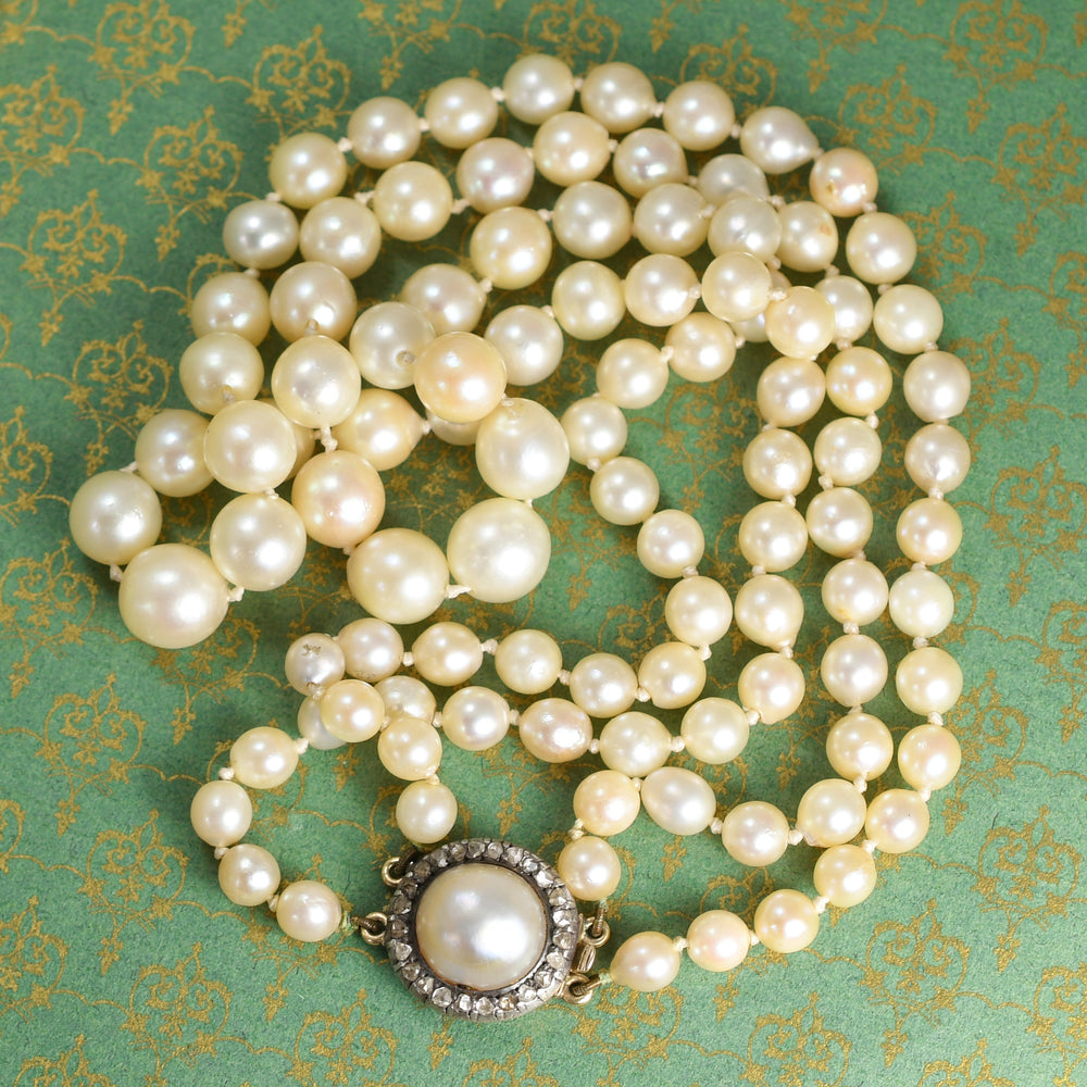 Antique Cultured Pearl Necklace with Diamond Cluster Clasp