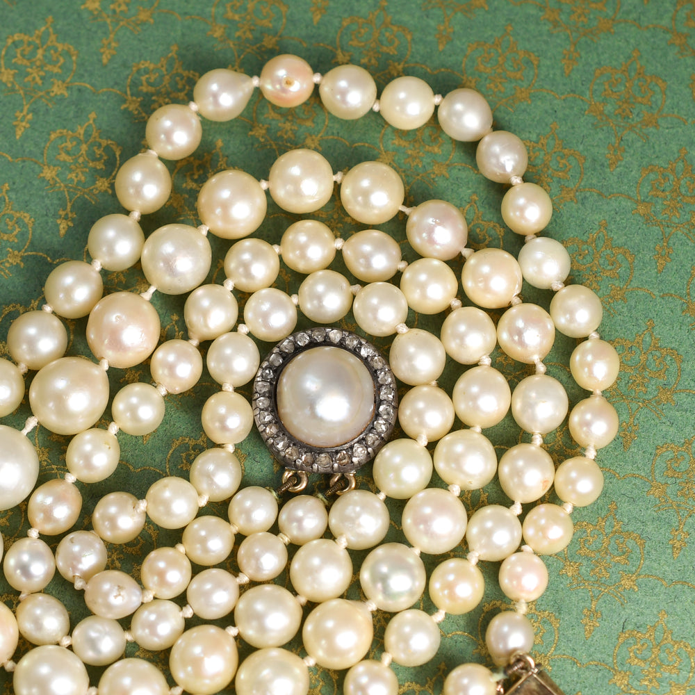 Antique Cultured Pearl Necklace with Diamond Cluster Clasp