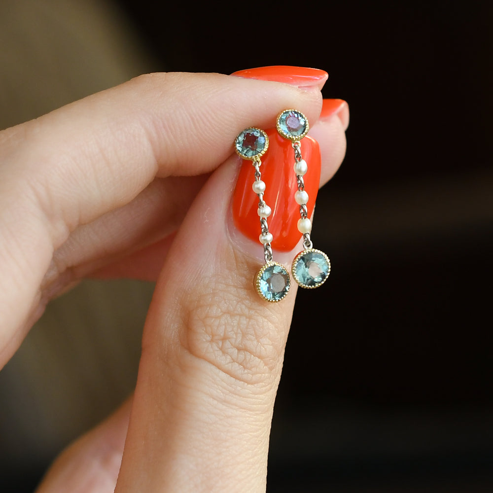 Edwardian Aquamarine & Pearl Drop Earrings